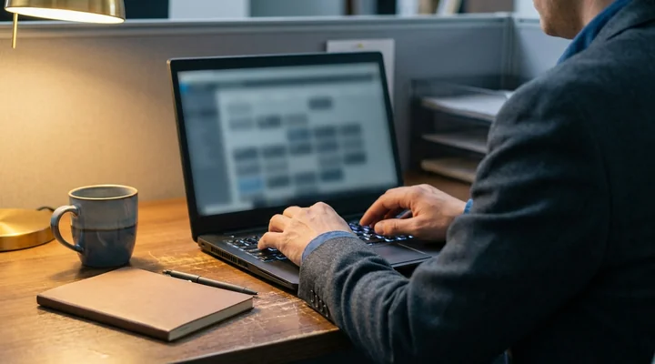Analista de operaciones de ventas revisando datos de prospección enriquecidos en un portátil