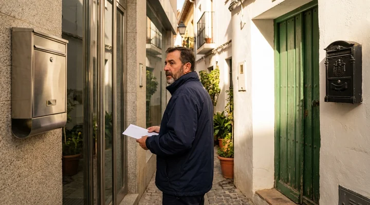 Repartidor con un sobre comercial entre el buzón metálico de una oficina y el buzón de hierro de una casa en una calle española