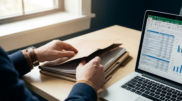 Manos ordenando carpetas de expedientes de empresas junto a un portátil con una tabla de registros mercantiles filtrada
