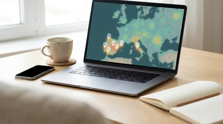 Portátil con un mapa de analítica web que muestra empresas que visitan un sitio B2B desde España