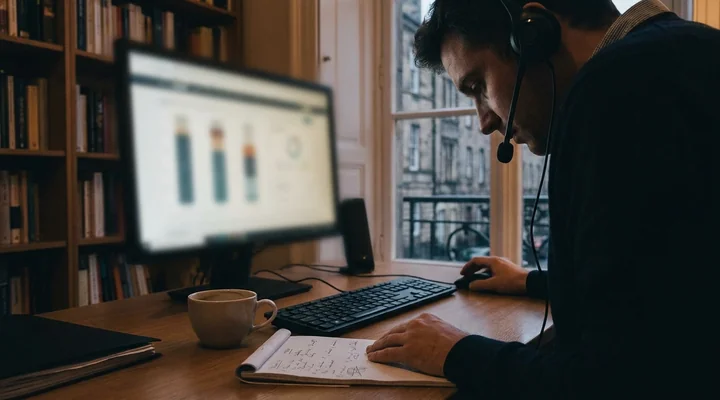 SDR con auriculares ejecutando una cadencia de llamadas sobre una lista de cuentas B2B en una oficina pequeña