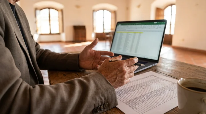 SDR revisando una lista impresa de contactos de empresas españolas antes de exportarla desde una base de datos B2B