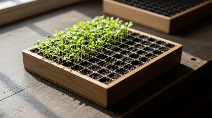 Primer plano de una bandeja de semillero de madera donde aproximadamente la mitad de los alveolos tienen brotes verdes y el resto están vacíos, con otra bandeja desenfocada detrás, representando la parte de una cohorte que se pierde en los primeros meses
