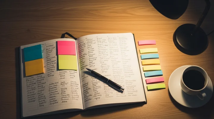 Escritorio de madera con un cuaderno abierto lleno de anotaciones a mano agrupadas en columnas, varias notas adhesivas de colores ordenadas por bloques y un bolígrafo encima, representando la codificación manual de los motivos de operaciones ganadas y perdidas