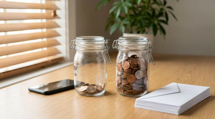 Dos tarros de cristal con monedas sobre una mesa de oficina, uno junto a un smartphone y otro junto a una pila de sobres en blanco