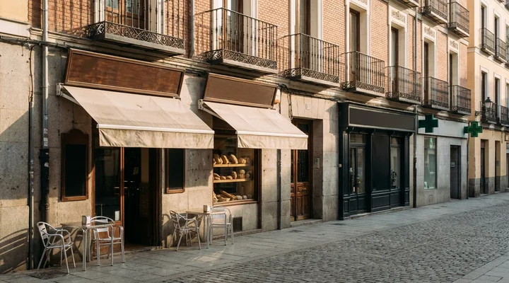 Calle del centro de Madrid por la mañana con una fila de locales a pie de calle, un bar con mesas fuera, una panadería, una peluquería y una farmacia, todos con los rótulos en blanco