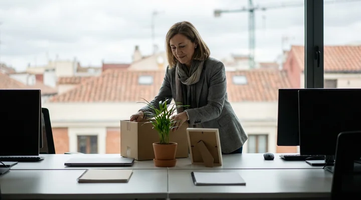 Directiva recién nombrada colocando una caja con una planta y un portarretratos en su nueva mesa de una oficina de Madrid, con tejados y una grúa al fondo