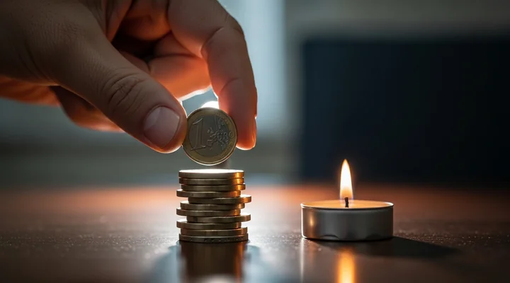 Primer plano de una mano colocando una moneda de euro sobre una pila baja de monedas junto a la llama de una vela encendida sobre madera oscura, representando el equilibrio entre el ingreso recurrente que se suma y la caja que se consume