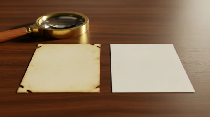 Primer plano de dos fichas en blanco sobre un escritorio de madera oscura, una amarilleada y con la esquina doblada y otra nueva y limpia, junto a una lupa de latón, ilustrando la comparación entre un registro caducado y uno verificado