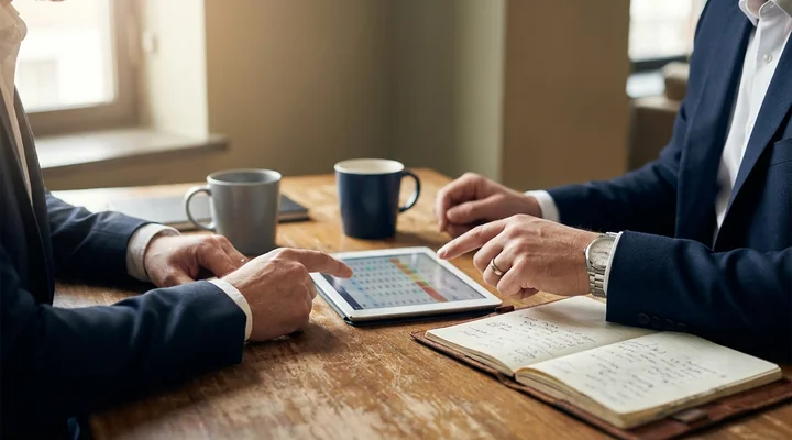 Dos profesionales de empresas asociadas revisando en una tablet el pipeline conjunto de oportunidades registradas