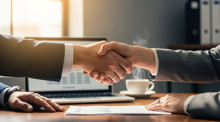 Dos profesionales se dan la mano al renovar un contrato de servicio, con un portátil en primer plano, como imagen de la retención de clientes frente al churn