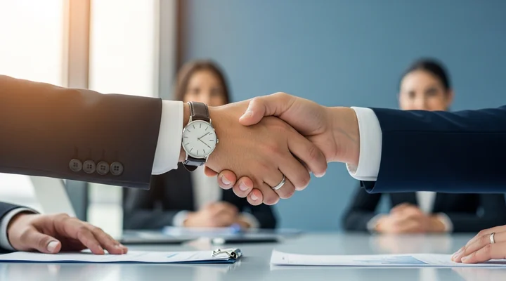 Dos profesionales B2B cerrando un acuerdo con un apretón de manos al final de su ciclo de ventas