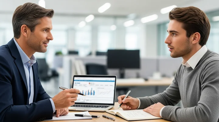 Un responsable de ventas y un comercial revisan juntos la grabación de una llamada en un portátil durante una sesión de coaching uno a uno