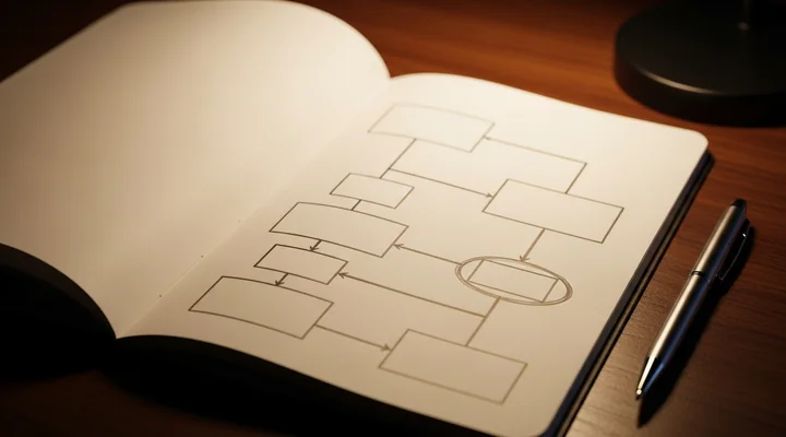 Cuaderno abierto sobre un escritorio de madera oscura con un esquema dibujado a lápiz de varios recuadros conectados por flechas y uno de ellos rodeado con un óvalo, junto a un bolígrafo, representando el mapa manual de los roles de un comité de compra
