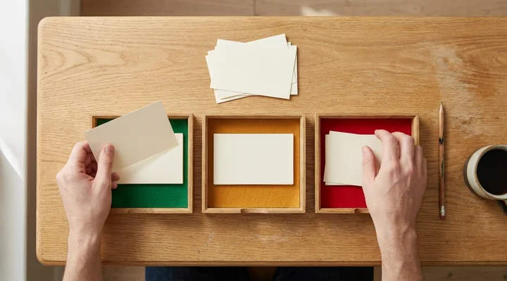 Manos repartiendo fichas en blanco en tres bandejas verde, ámbar y roja sobre una mesa de madera