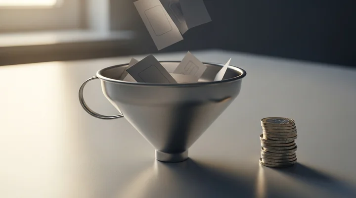 Embudo con contactos entrando por la parte ancha y monedas de euro cayendo a su lado, como imagen del coste que tiene llenar el embudo de leads en marketing B2B