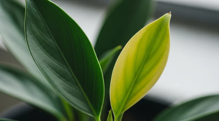 Primer plano de dos hojas de una misma planta de oficina, la de la izquierda de un verde intenso y saludable y la de la derecha amarilleando desde el borde hacia dentro, el aviso temprano de deterioro que pasa desapercibido a simple vista
