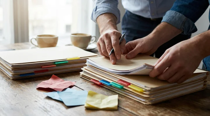 Manos ordenando carpetas de cuentas de clientes con separadores de colores y notas adhesivas sobre un escritorio de madera