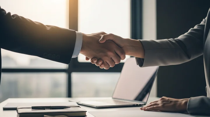 Dos profesionales B2B se dan la mano tras una reunión de descubrimiento de ventas