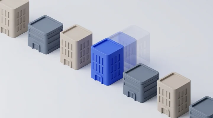 Render isométrico de una fila de edificios de oficinas con uno destacado en azul y varias copias
        translúcidas detrás, como resultados de una búsqueda de empresas similares