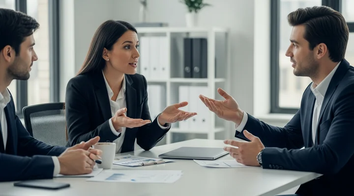 Responsable de ventas y dos comerciales revisando los roles y el organigrama del equipo alrededor de un portátil en una oficina