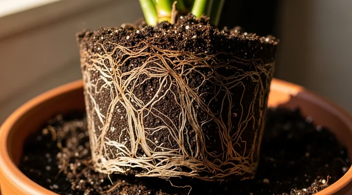 Primer plano del cepellón denso de una planta recién trasplantada, con raíces blancas nuevas extendiéndose hacia la tierra oscura de una maceta más grande, representando una cuenta existente que crece dentro de un contrato ampliado