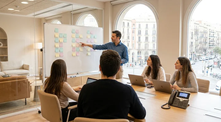 Responsable de ventas comparando tres opciones en una pizarra con notas adhesivas frente a su equipo
        sentado con portátiles