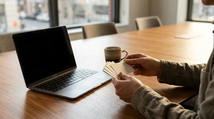 Manos de una persona ordenando un pequeño montón de tarjetas junto a un portátil abierto y una taza de café sobre una mesa de reuniones