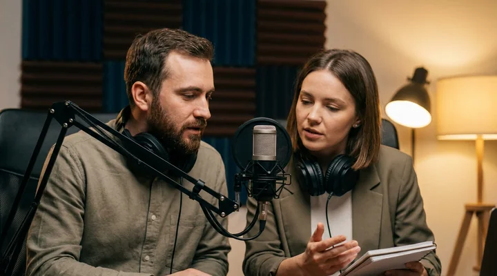Dos personas graban una conversación en un pequeño estudio de oficina con un micrófono de brazo articulado entre ellas y auriculares al cuello