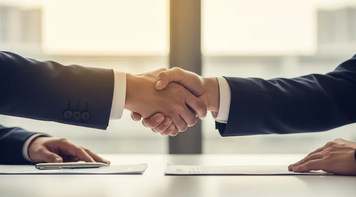 Primer plano de dos profesionales estrechándose la mano por encima de una mesa de oficina, con los documentos apoyados delante de cada uno y el fondo desenfocado, representando el acuerdo de renovación cerrado antes del vencimiento del contrato