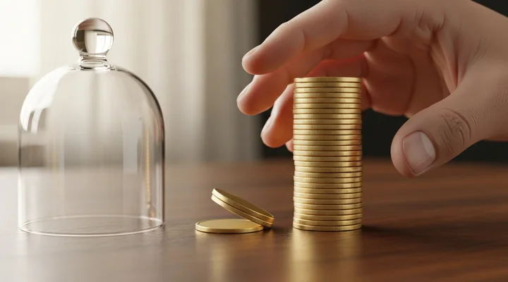 Primer plano de una mano sujetando una pila de monedas de euro junto a una campana de cristal sobre un escritorio de madera, con una moneda tumbada que se desliza en la base, representando cómo la retención bruta de ingresos protege el negocio existente pero siempre pierde algo por churn y contracción