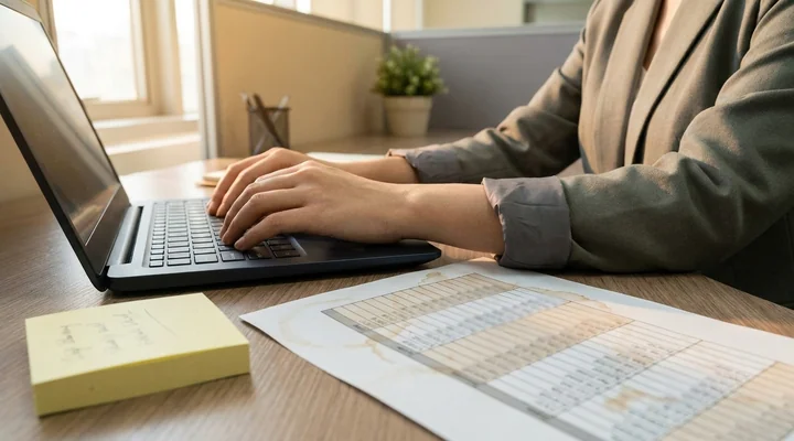 Comercial trabajando en un portátil junto a un listado impreso de empresas y notas adhesivas sobre la mesa de una oficina