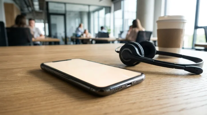 Móvil boca arriba vibrando por una llamada entrante sobre una mesa de roble, junto a unos auriculares con micrófono y un vaso de café, en una oficina comercial diáfana