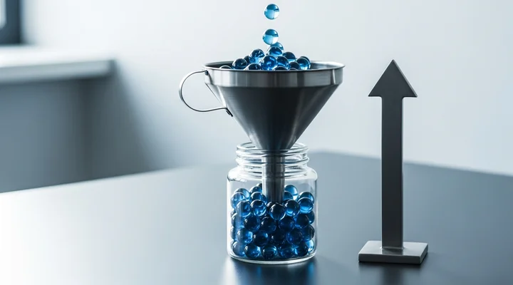 Embudo metálico lleno de esferas azules que caen a un tarro de cristal junto a una flecha que apunta hacia arriba, como representación del crecimiento sostenido de leads cualificados que mide el lead velocity rate