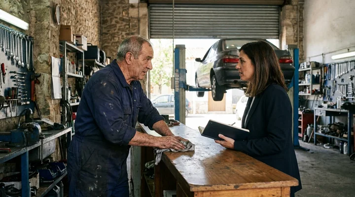 Comercial conversando con el dueño de un taller mecánico de barrio junto al mostrador, con un coche elevado al fondo