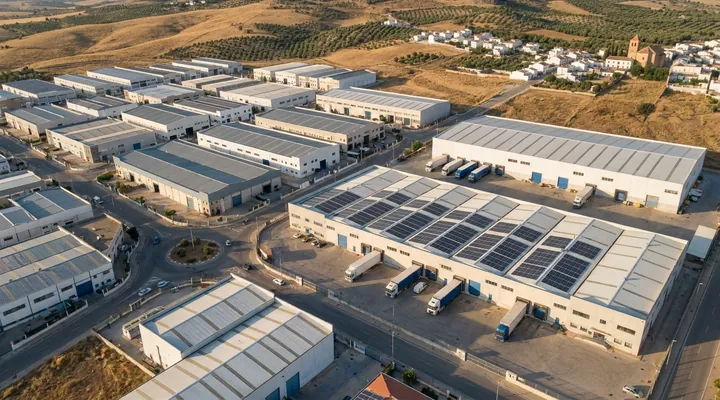 Vista aérea de un polígono industrial a las afueras de un pueblo español, con naves de cubierta metálica, placas solares y camiones en los muelles de carga