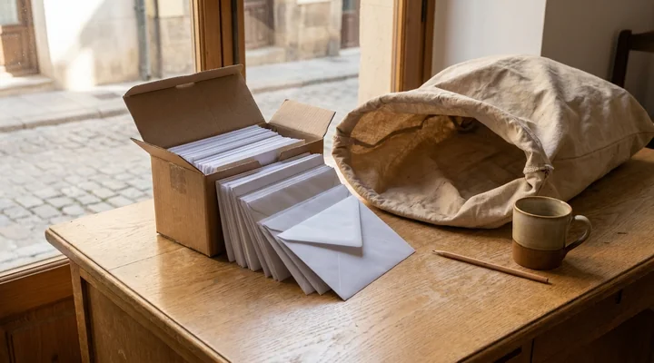 Caja de cartón llena de sobres blancos que rebosan sobre una mesa de madera, junto a una saca de correo de tela vacía