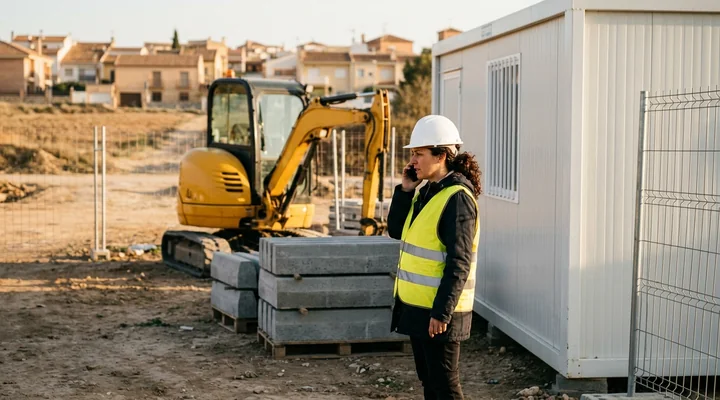 Jefa de obra con casco blanco y chaleco amarillo hablando por el móvil junto a una caseta de obra prefabricada, con una miniexcavadora y bordillos apilados al inicio de una obra pública en las afueras de un pueblo