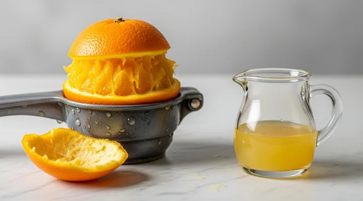 Primer plano de media naranja ya exprimida sobre un exprimidor manual junto a una jarra de cristal con el zumo obtenido, mostrando la diferencia entre la materia prima y lo que realmente se aprovecha
