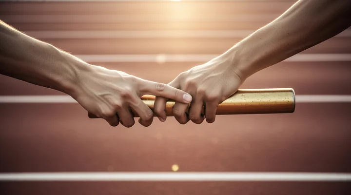 Primer plano de las manos de dos atletas pasándose un testigo metálico en una pista de atletismo roja, con las líneas del carril desenfocadas al fondo, como imagen del punto exacto donde se decide a quién se atribuye el mérito