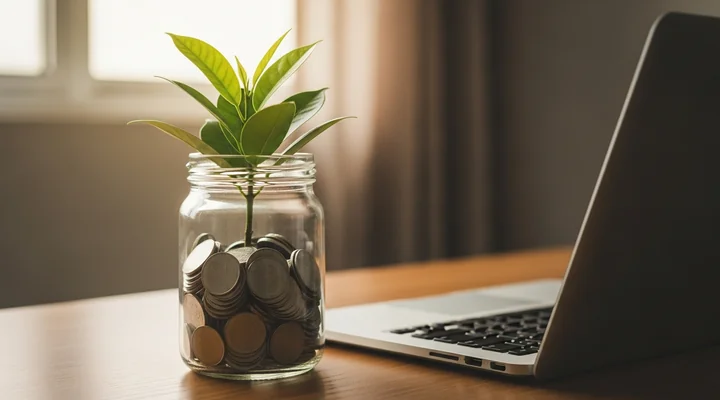 Una planta creciendo dentro de un tarro de cristal lleno de monedas junto a un portátil, como imagen del ingreso recurrente que se acumula mes a mes