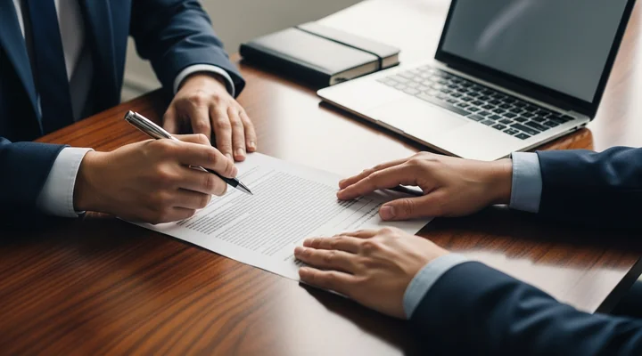 Dos profesionales B2B revisando las condiciones de un contrato durante una negociación de ventas en una mesa de reunión