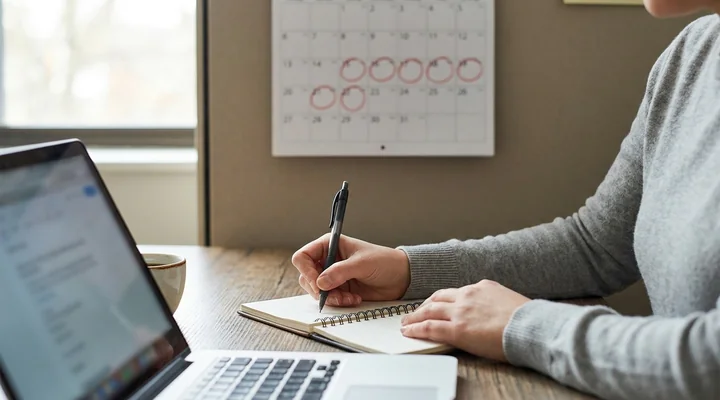 Una persona escribe a mano en un cuaderno junto a un portátil abierto sobre una mesa de madera, con un calendario de pared detrás en el que aparecen varias fechas rodeadas a bolígrafo