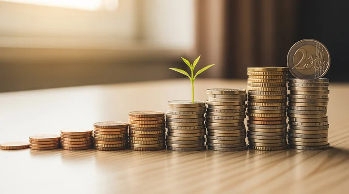 Monedas de euro apiladas en columnas ascendentes junto a un pequeño brote verde, como imagen de recuperar poco a poco la inversión hecha en captar a un cliente