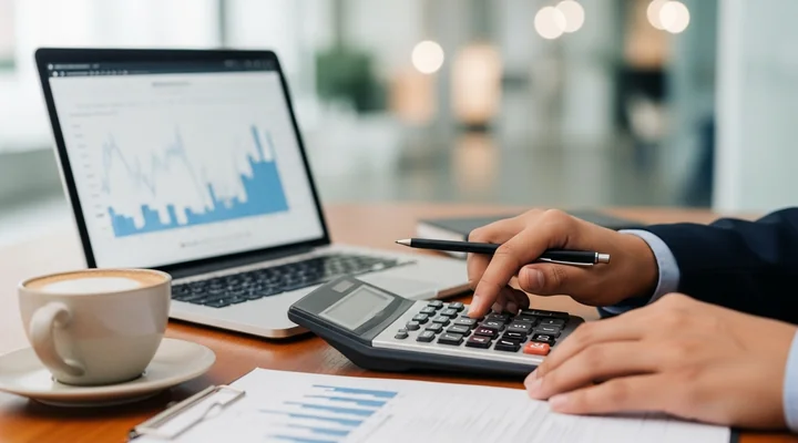 Responsable de ventas revisando un documento de plan de comisiones junto a una calculadora y un portátil en una oficina