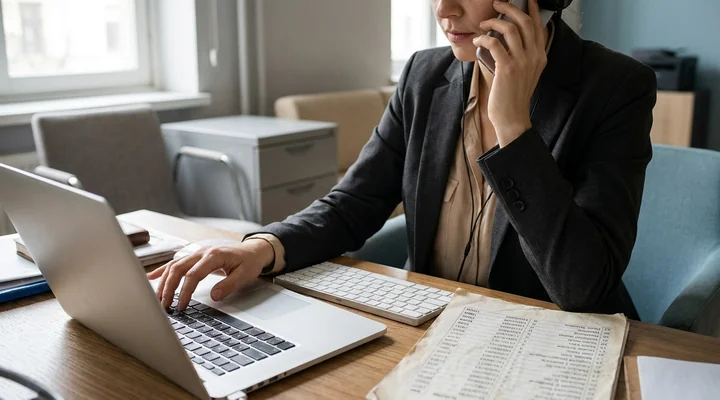 Una profesional teclea en su portátil mientras habla por teléfono, con un listado impreso de contactos abierto junto al teclado