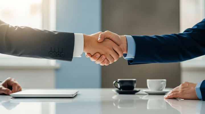 Dos profesionales B2B cerrando un acuerdo con un apretón de manos sobre una mesa de reunión tras presentar la propuesta comercial