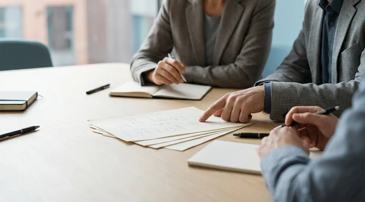 Dos profesionales revisando notas de entrevistas a clientes sobre una mesa de reuniones con luz natural