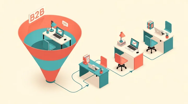 Ilustración isométrica de un flujo de prospección B2B con iconos de email, teléfono y conexiones de negocio en tonos coral y teal