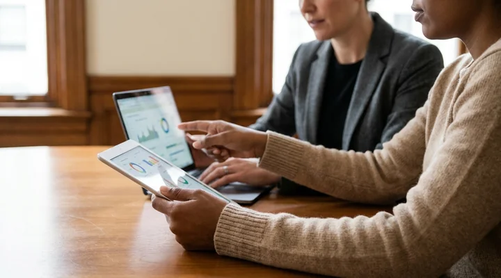 Primer plano de dos compañeros en una mesa de reuniones comparando resultados entre la pantalla de una tableta y la de un portátil, con las manos y los dispositivos enfocados y el fondo desenfocado, representando la revisión de los criterios de éxito del piloto